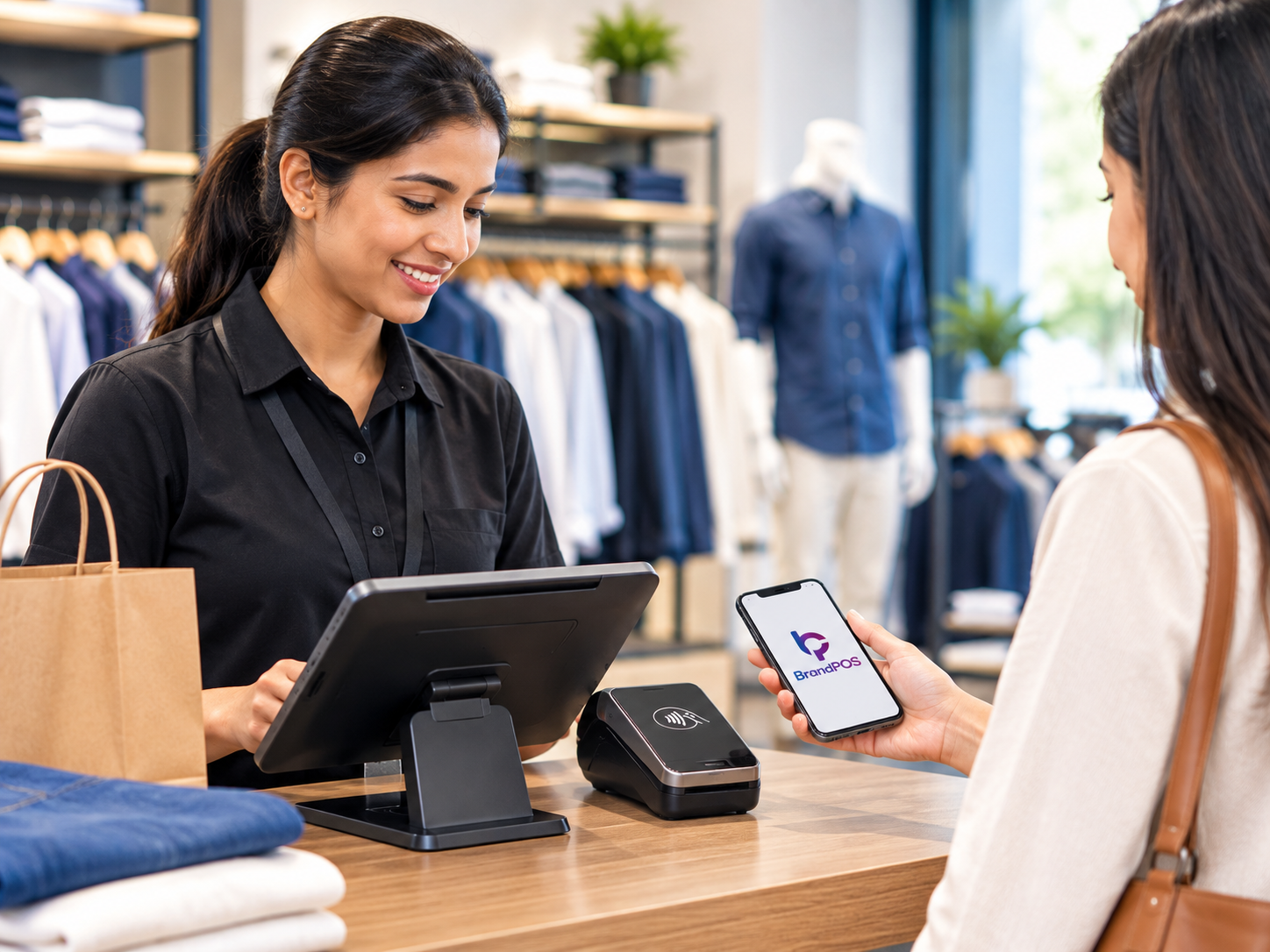 BrandPOS mobile checkout scene with a customer using a branded smartphone beside a POS terminal.